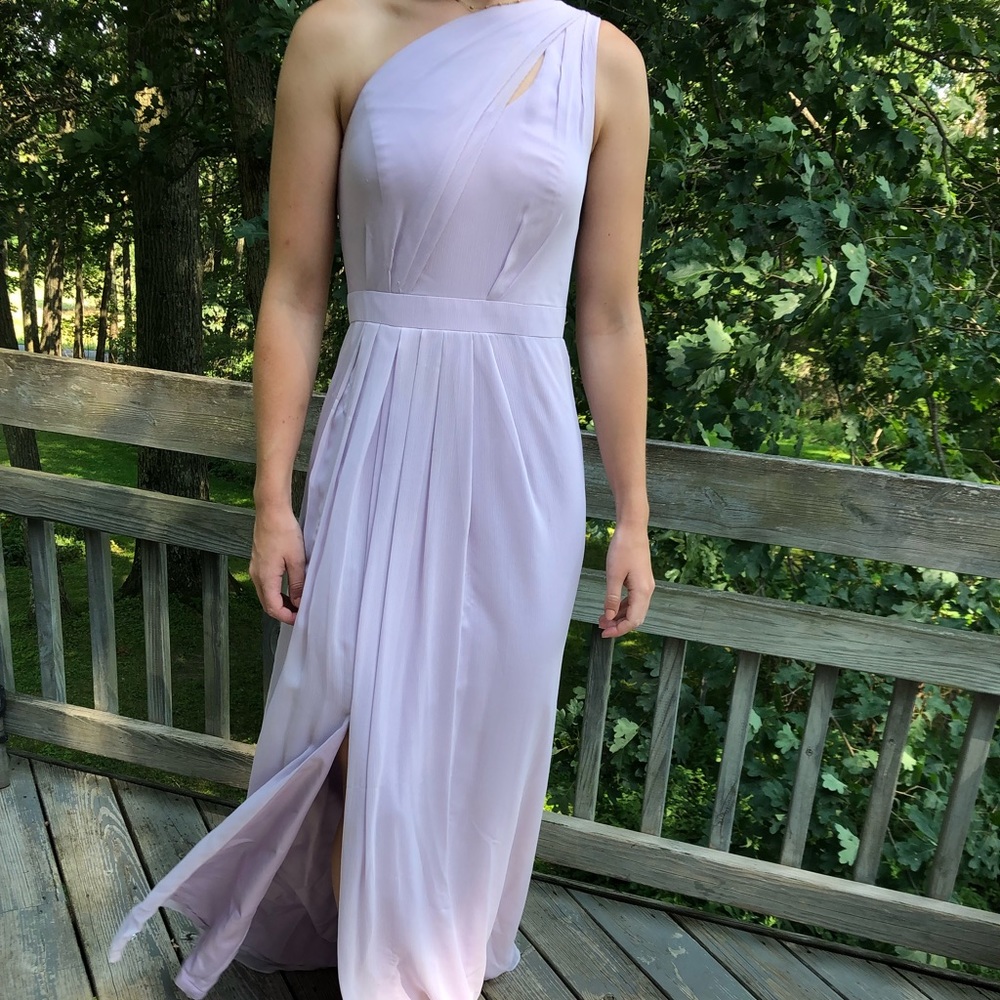 Evening gown with wrap effect one shoulder bodice